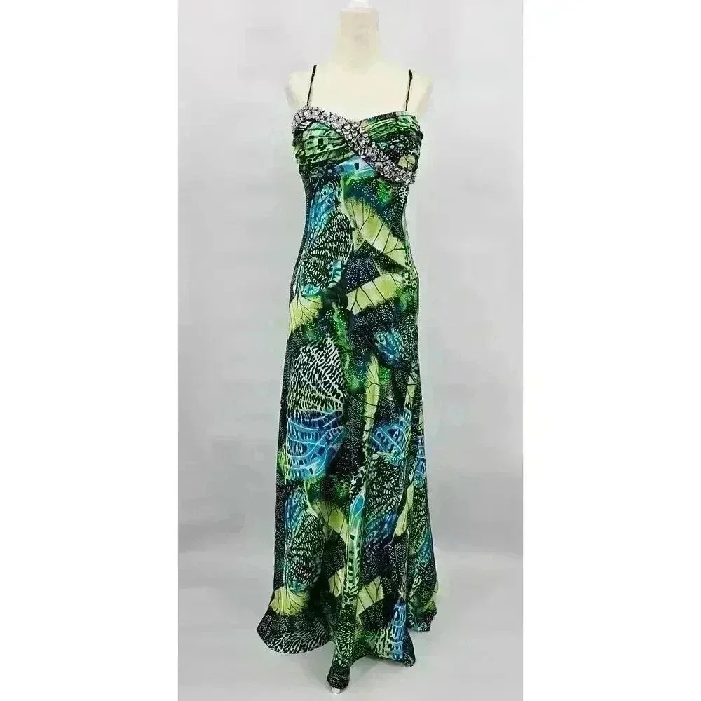 Y2K Deb Women's 9/10 Green & Blue Butterfly Maxi Dress w/Jewel Detail *Read Desc